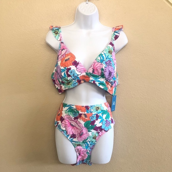 Cupshe Peaceful Floral Garden Flutter Strap Bikini Top & Cheeky Bottoms Set XL - Picture 1 of 14